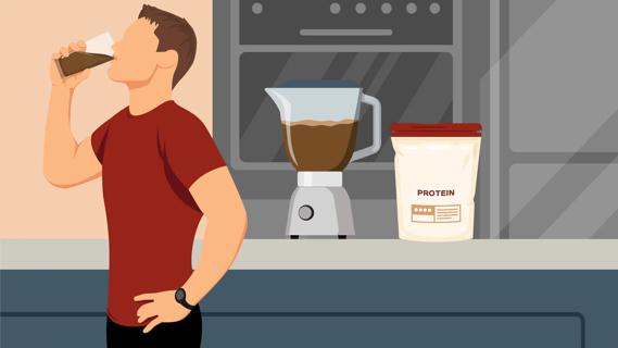 Person drinking a protein powder smoothie, with smoothie in blender and tub of powder on counter