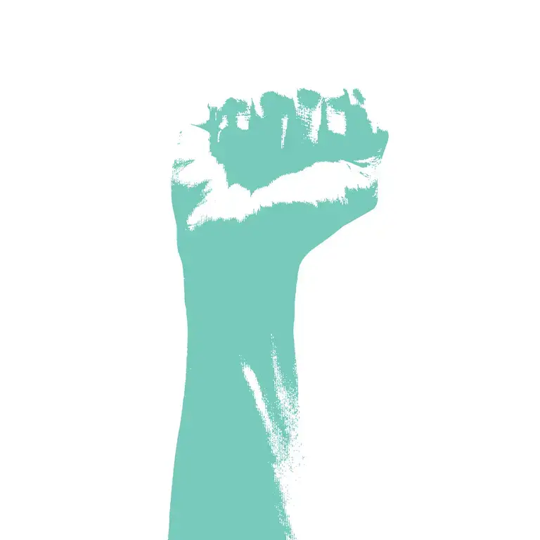 teal halftone illustration of a raised fist