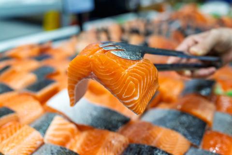 Person selecting a piece of fresh salmon from a market case
