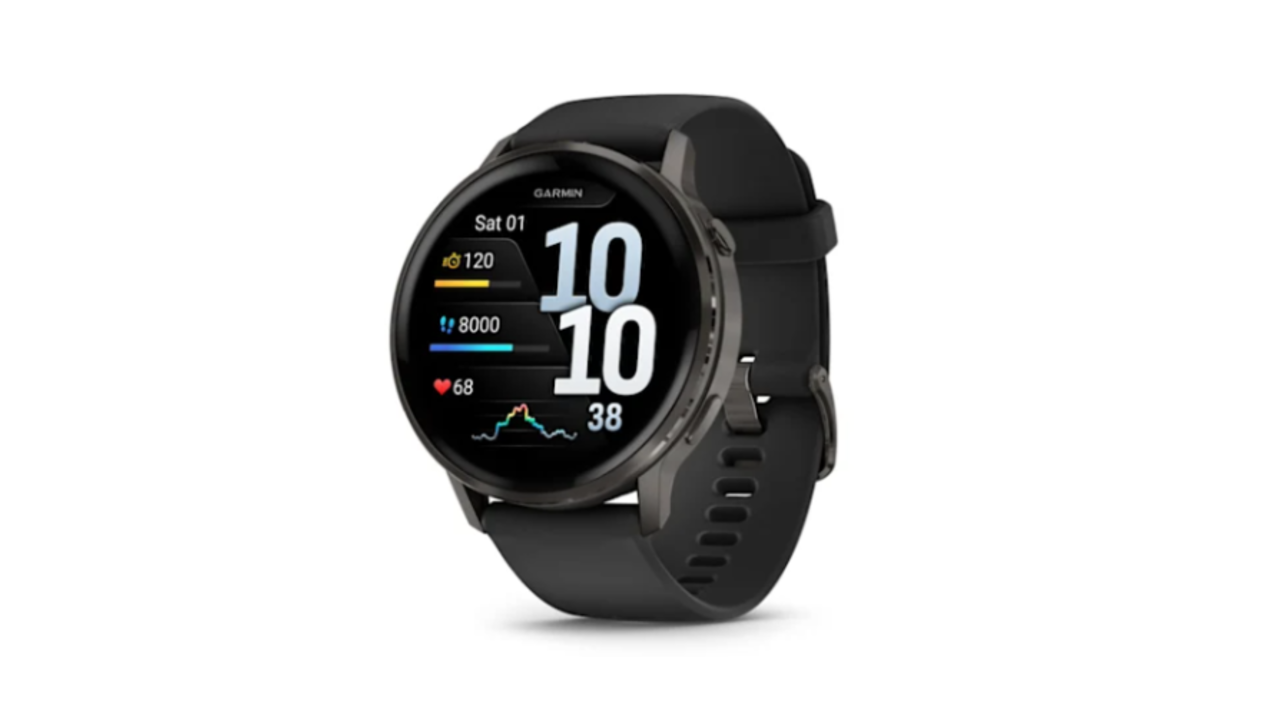 Garmin Venu 4 running watch in black.