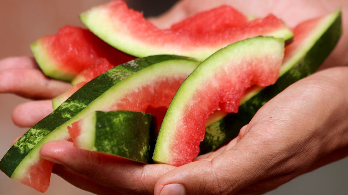 A person holds a pile of watermelon rinds.