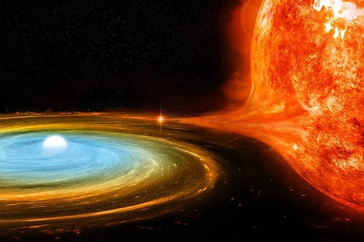 Scientists including UWM Professor David Kaplan have determined the identity of a long-period radio transient to be a white dwarf accreting material from its neighboring star, as illustrated in the graphic above.