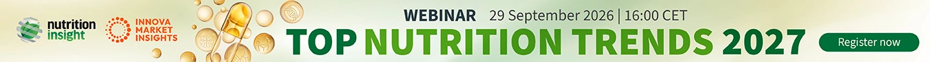 Top Nutrition Trends 2027 webinar banner with gold capsules, event date, and register now button.
