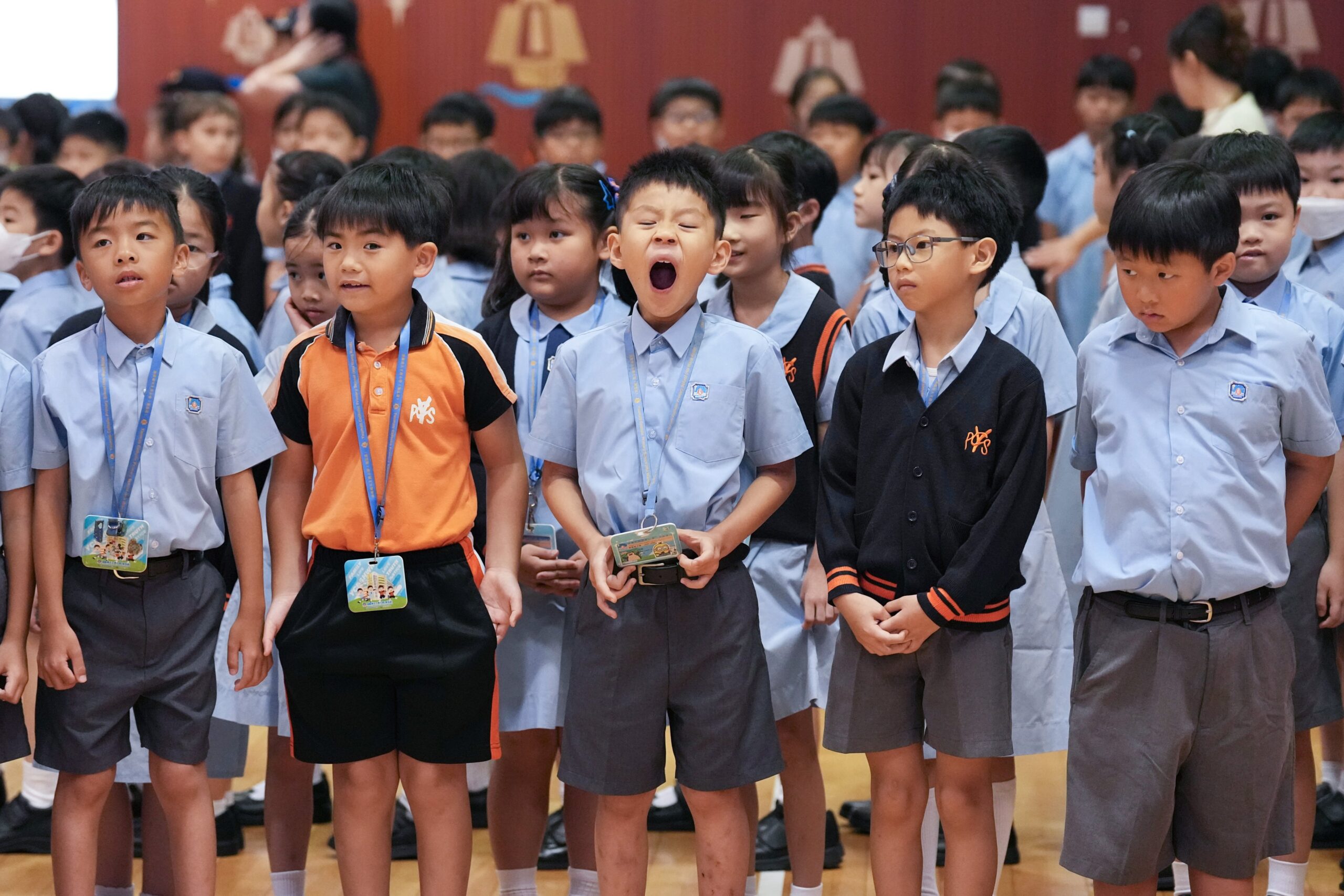 Students take part in an assembly on the first day of the new school year at Yaumati Catholic Primary School (Hoi Wang Road). Photo: Karma Lo