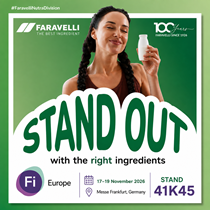Banner promoting company stand at Fi Europe trade show featuring a woman with dairy drink and company logo in the upper left corner