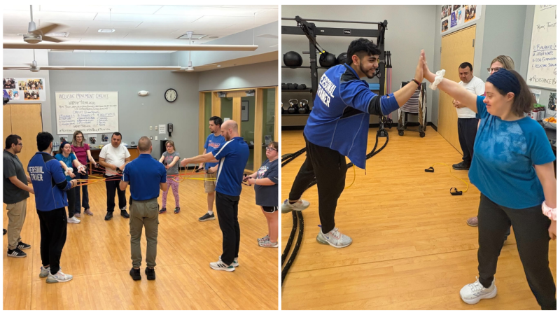 A two-photo collage. The first photo shows a group of people standing in a circle and pulling colorful fitness bands. The second photo shows two people high fiving.