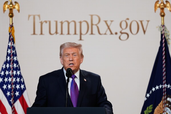 President Donald Trump speaks about TrumpRx in the South Court Auditorium in the Old Eisenhower Executive Office Building on the White House campus, Feb. 5, 2026, in Washington. (AP Photo/Alex Brandon, File)