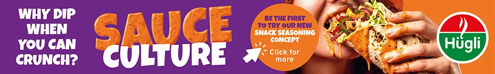 Banner with a woman eating a wrap and a company logo in the right corner