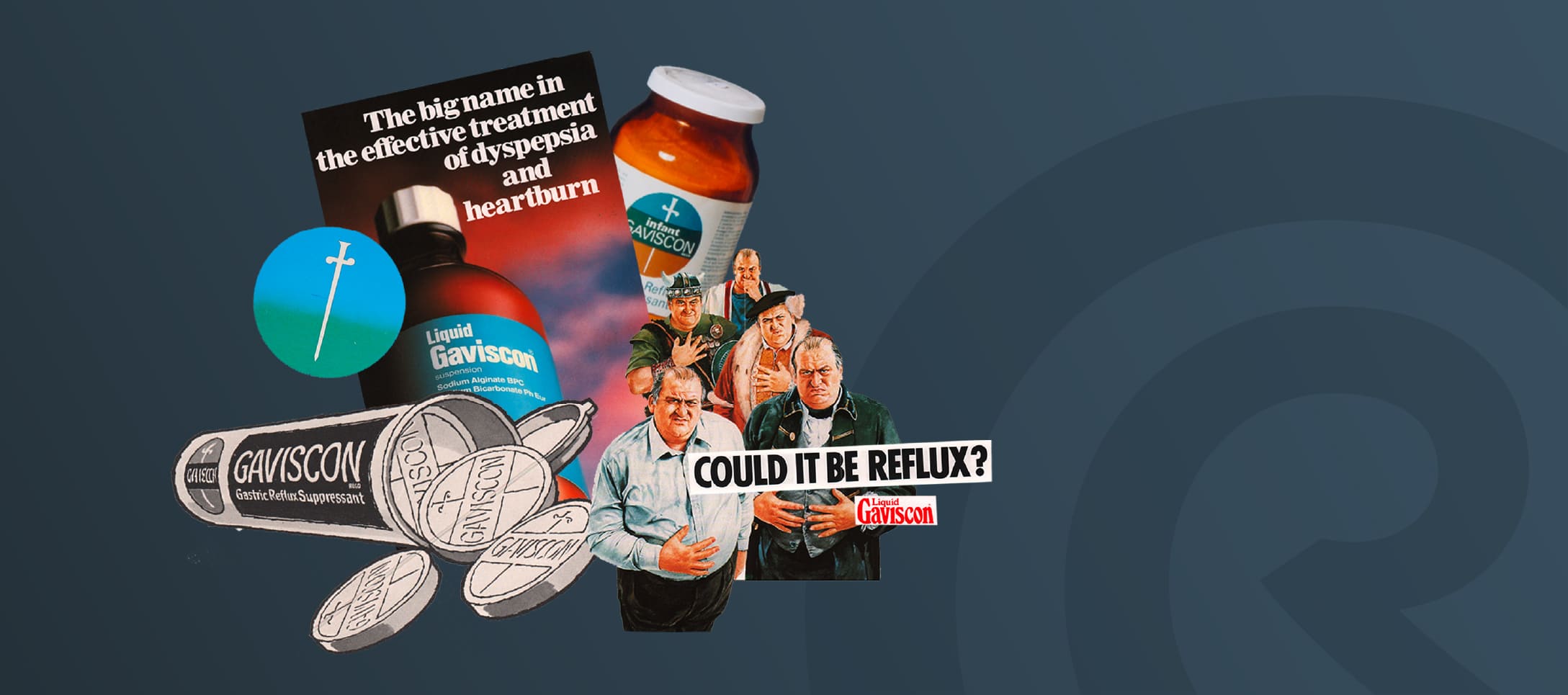 Vintage Gaviscon advertising collage featuring products and illustrations about acid reflux and heartburn