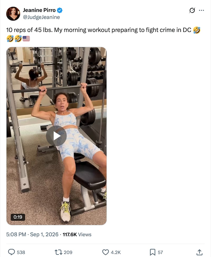 Pirro shared part of her morning workout "to fight crime in DC."