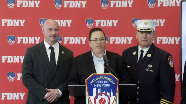 Fire Commissioner Lillian Bonsignore speaks at Fire Department Headquarters in Downtown Brooklyn on Tuesday. (FDNY/X)