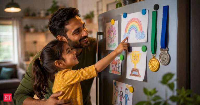 Psychology says parents who hang their kids’ awards, medals or paintings on the refrigerator may be doing more than showing off