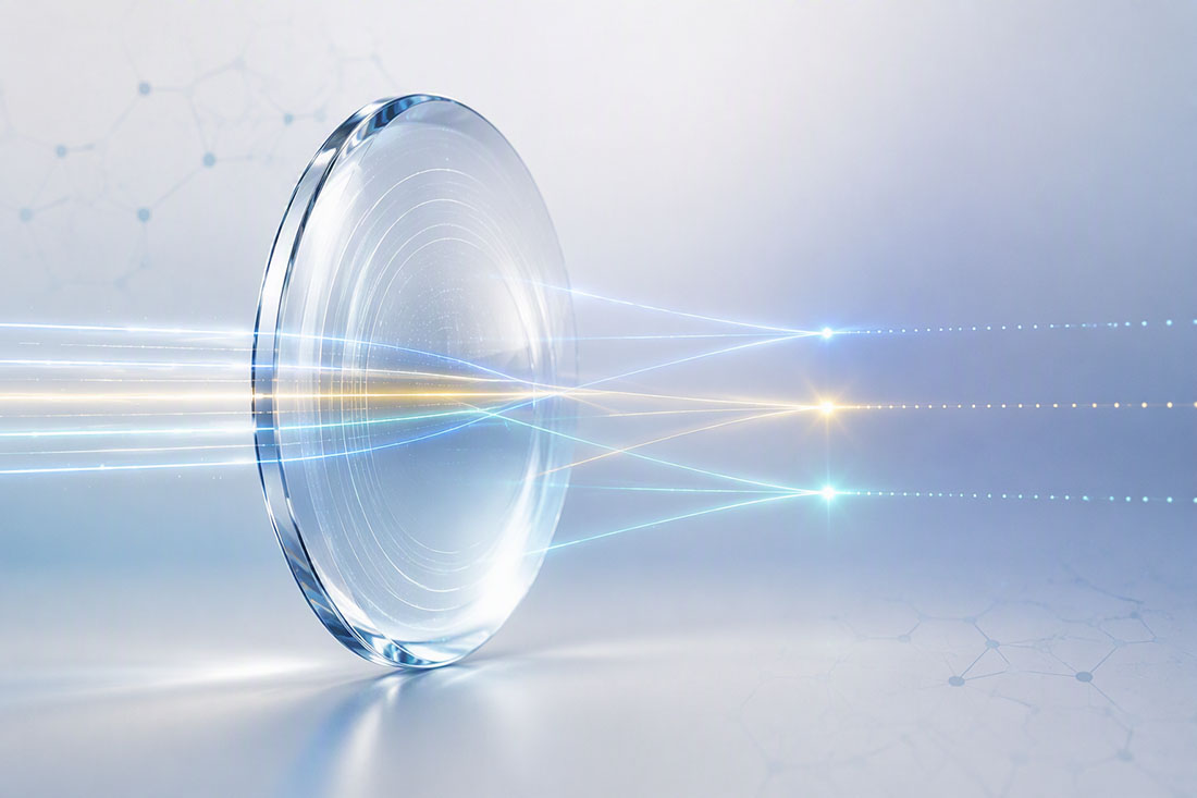 Illustration of a transparent optical lens suspended against a soft blue-and-white gradient background. Multiple beams of light pass through the lens and converge into three distinct focal points, representing advanced vision-correction technology. Subtle scientific and optical engineering elements enhance the clean, minimalist composition.