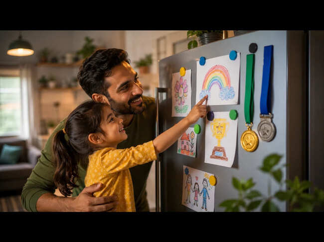 Psychology says parents who hang their kids’ awards, medals or paintings on the refrigerator may be doing more than showing off