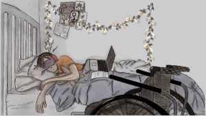 A white woman with brown hair, a purple sleep mask, an orange shirt, and noise-canceling headphones, lies under the covers of her bed. The lights in the room are dim and a wheelchair is parked by the side of the bed. An open laptop and paperwork lie on top of the covers. On the wall behind the bed is a small bulletin board and string of fairy lights